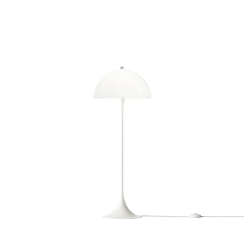 Louis Poulsen Panthella 400 Floor Lamp, white opal acrylic floor lamp, lit, front view on a white background