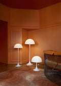 Louis Poulsen Panthella 400 Floor Lamp, white opal acrylic floor lamp with a Panthella Floor Lamp and table lamp in an orange room