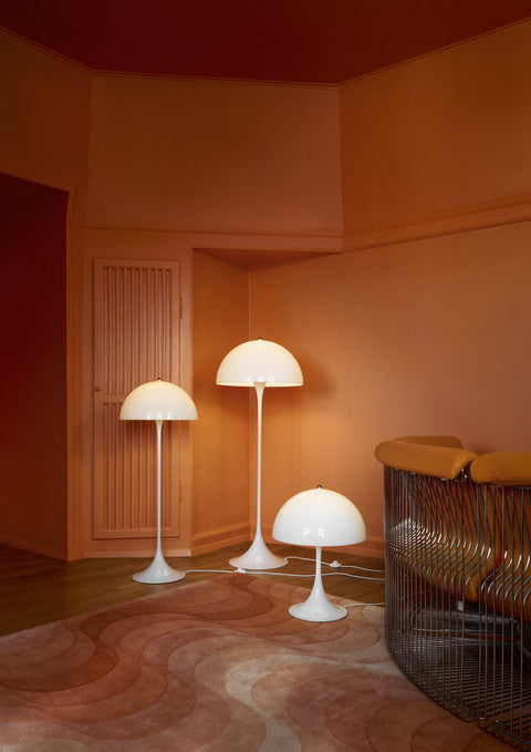 Louis Poulsen Panthella 400 Floor Lamp, white opal acrylic floor lamp with a Panthella Floor Lamp and table lamp in an orange room