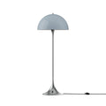 Louis Poulsen Panthella Floor Lamp, Original Opal Blue Grey opal acrylic floor lamp on a chrome stem, switched off, white background