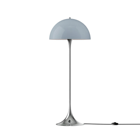 Louis Poulsen Panthella Floor Lamp, Original Opal Blue Grey opal acrylic floor lamp on a chrome stem, switched off, white background