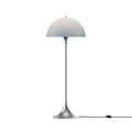 Louis Poulsen Panthella Floor Lamp, Original Opal Blue Grey opal acrylic floor lamp on a chrome stem, lit, white background