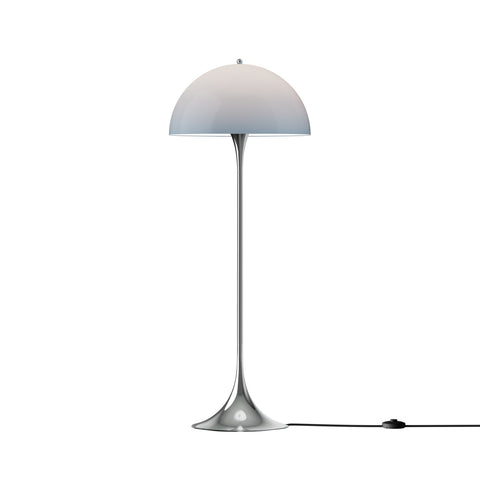 Louis Poulsen Panthella Floor Lamp, Original Opal Blue Grey opal acrylic floor lamp on a chrome stem, lit, white background
