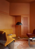 Louis Poulsen Panthella Floor Lamp, Original Opal Brown floor lamp in an orange living room with a yellow sofa