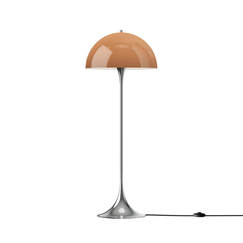 Louis Poulsen Panthella Floor Lamp, Original Opal Brown opal acrylic floor lamp on a chrome stem, lit, white background
