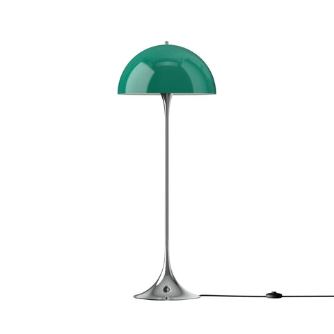 Louis Poulsen Panthella Floor Lamp, Original Opal Green opal acrylic floor lamp on a chrome stem, switched off, white background