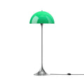 Louis Poulsen Panthella Floor Lamp, Original Opal Green opal acrylic floor lamp on a chrome stem, lit, white background