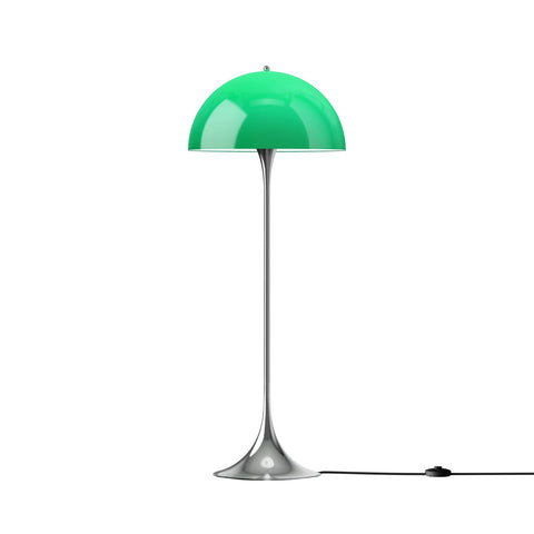 Louis Poulsen Panthella Floor Lamp, Original Opal Green opal acrylic floor lamp on a chrome stem, lit, white background