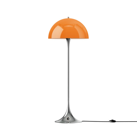 Louis Poulsen Panthella Floor Lamp, Original Opal Orange opal acrylic floor lamp on a chrome stem, switched off, white background