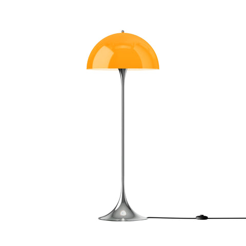 Louis Poulsen Panthella Floor Lamp, Original Opal Orange opal acrylic floor lamp on a chrome stem, lit, white background