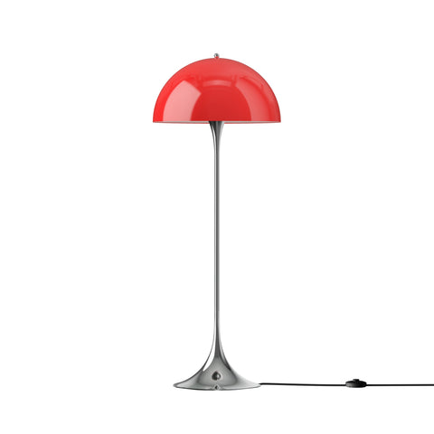 Louis Poulsen Panthella Floor Lamp, Original Opal Red opal acrylic floor lamp on a chrome stem, switched off, white background