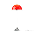 Louis Poulsen Panthella Floor Lamp, Original Opal Red opal acrylic floor lamp on a chrome stem, lit, white background