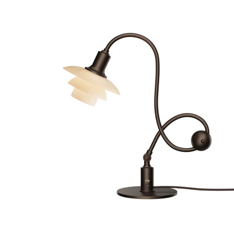 Louis Poulsen PH 1/1 Piano Table Lamp, Limited Edition, aged brass table lamp with the dusty terracotta shades tilted, on a white background