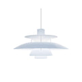 Louis Poulsen PH 5 Opal pendant light in Opal Pale Blue, glossy opal acrylic shades lit from within, on a white background