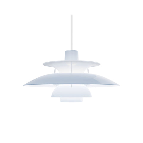Louis Poulsen PH 5 Opal pendant light in Opal Pale Blue, glossy opal acrylic shades lit from within, on a white background