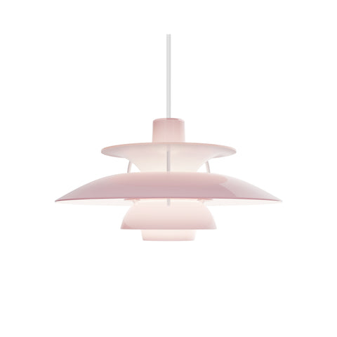 Louis Poulsen PH 5 Opal pendant light in Opal Pale Rose, glossy opal acrylic shades lit from within, on a white background