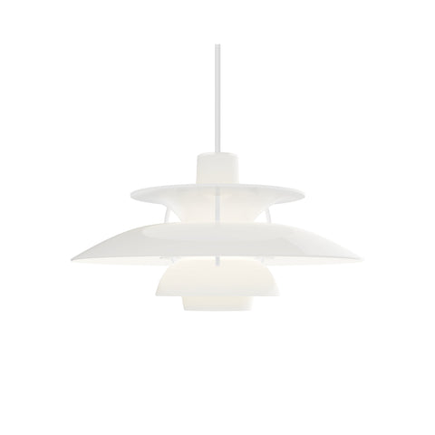Louis Poulsen PH 5 Opal pendant light in Opal White, glossy opal acrylic shades lit from within, on a white background