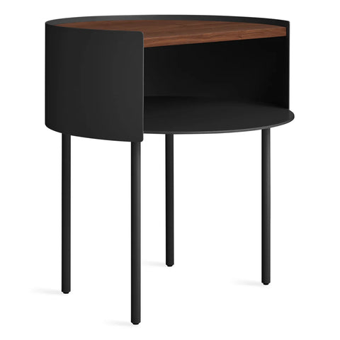 Oblivion Li'l Something Side Table by Blu Dot with a walnut top, curved black steel base, and open storage cubby