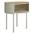 Putty Li'l Something Side Table by Blu Dot with a white oak top, curved steel base, and open storage cubby