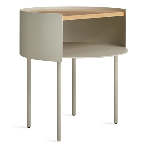 Putty Li'l Something Side Table by Blu Dot with a white oak top, curved steel base, and open storage cubby