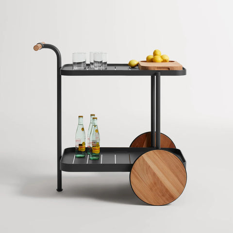 Longday Bar Cart by Blu Dot in carbon powder-coated aluminum with solid teak wheels, 3/4 front view