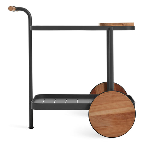 Longday Bar Cart by Blu Dot in carbon powder-coated aluminum with solid teak wheels, 3/4 front view