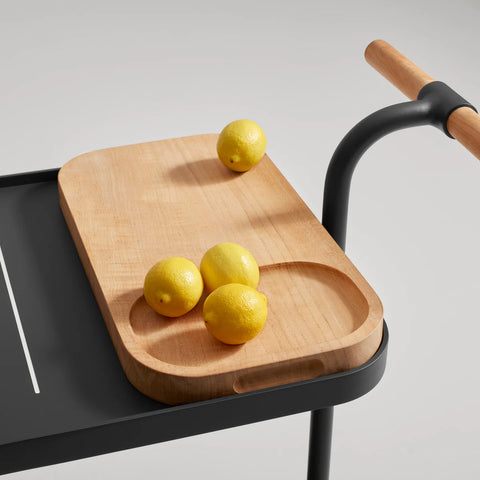 Longday Bar Cart by Blu Dot, teak cutting board with carved well and teak handle detail, carbon finish