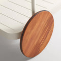 Longday Bar Cart by Blu Dot, solid teak wheel with white powder-coated aluminum frame, close-up