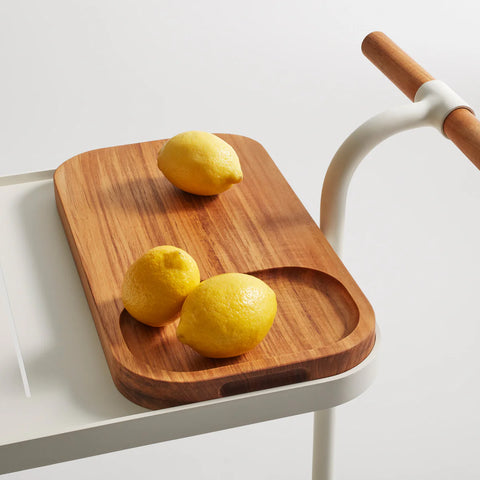 Longday Bar Cart by Blu Dot, teak cutting board with carved well and teak handle detail, white finish