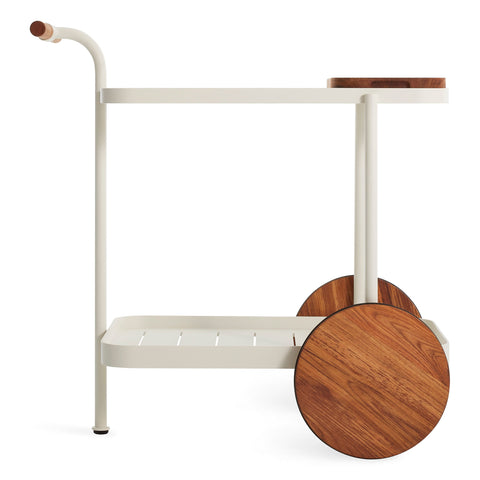 Longday Bar Cart by Blu Dot in white powder-coated aluminum with solid teak wheels, 3/4 rear view