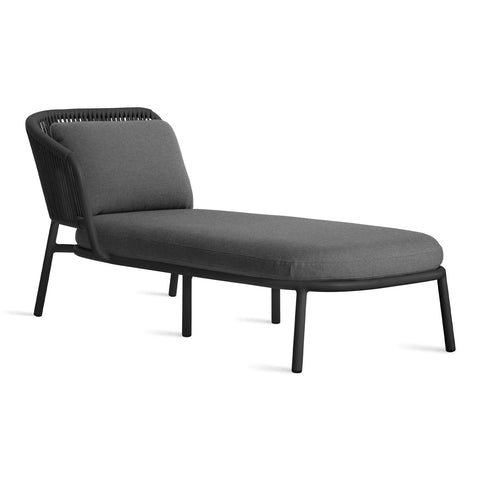 Mate Outdoor Sun Lounger by Blu Dot in Toohey Charcoal with all-weather rope back and Sunbrella cushion, three-quarter view
