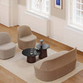 beige sofa with wood and marble coffee table in scandinavian inspired living room 