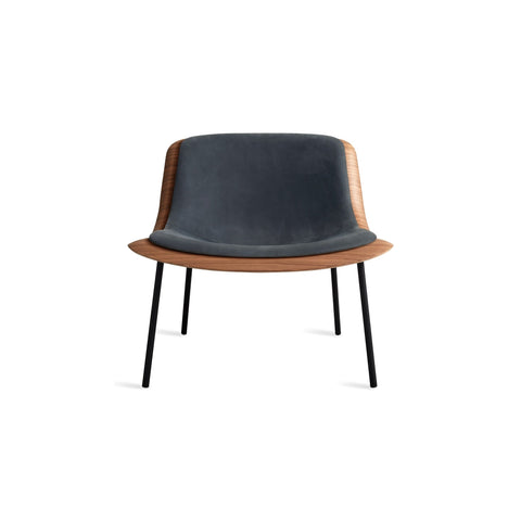 Nonesuch Upholstered Lounge Chair by Blu Dot in Walnut Ink and Leather, low front view
