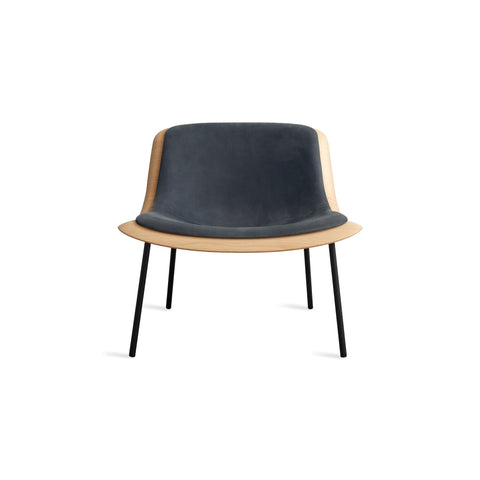 Nonesuch Upholstered Lounge Chair by Blu Dot in White Oak Ink and Leather, low front view