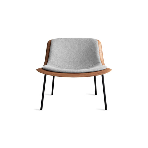 Nonesuch Upholstered Lounge Chair by Blu Dot in Walnut Vesper Light Grey, low front view