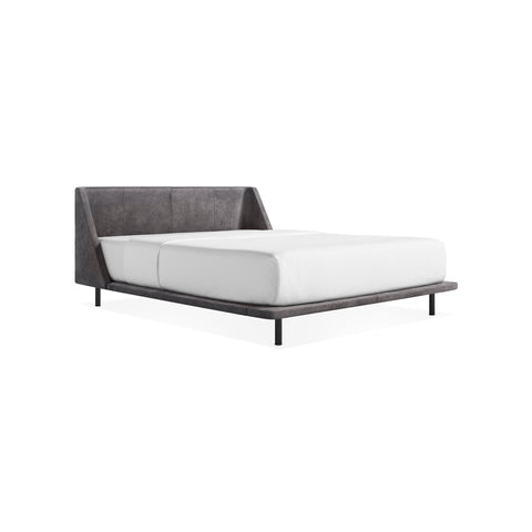 Nook Bed by Blu Dot in Slate Leather, queen size, three-quarter front view