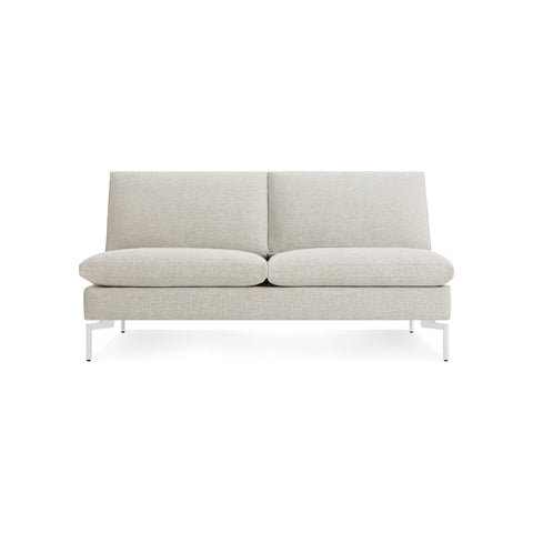 New Standard 60" Armless Sofa by Blu Dot in Maharam Mode In Clavicle with White legs, low front view
