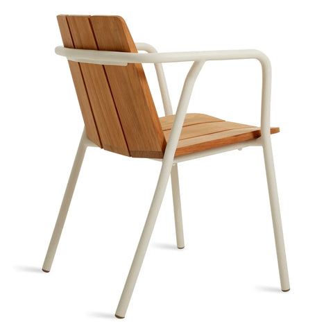 Offline Outdoor Chair by Blu Dot in FSC-certified teak and white powder-coated aluminum, rear three-quarter view