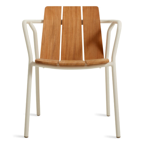 Offline Outdoor Chair by Blu Dot in FSC-certified teak and white powder-coated aluminum, front view