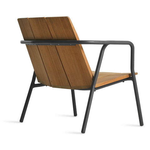 Offline Outdoor Lounge Chair by Blu Dot in FSC-certified teak and carbon powder-coated aluminum, rear three-quarter view