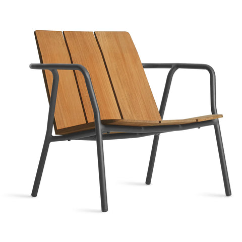 Offline Outdoor Lounge Chair by Blu Dot in FSC-certified teak and carbon powder-coated aluminum, front three-quarter view
