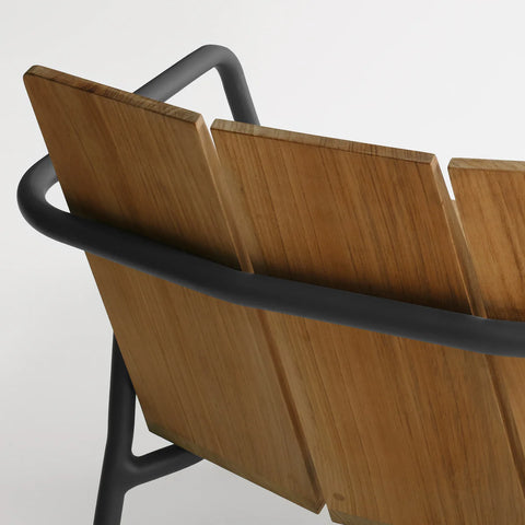 Offline Outdoor Lounge Chair by Blu Dot, beveled teak back slats and carbon powder-coated aluminum rail detail