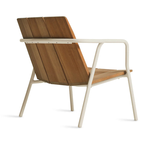 Offline Outdoor Lounge Chair by Blu Dot in FSC-certified teak and white powder-coated aluminum, rear three-quarter view