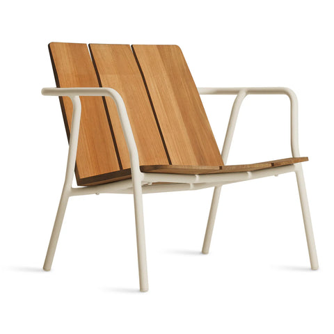 Offline Outdoor Lounge Chair by Blu Dot in FSC-certified teak and white powder-coated aluminum, front view