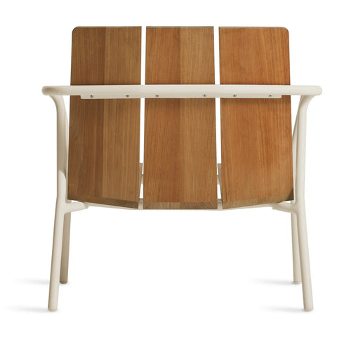 Offline Outdoor Lounge Chair by Blu Dot in FSC-certified teak and white powder-coated aluminum, rear view