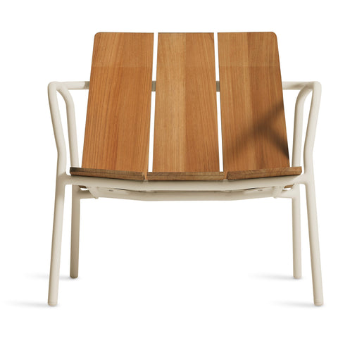 Offline Outdoor Lounge Chair by Blu Dot in FSC-certified teak and white powder-coated aluminum, front view