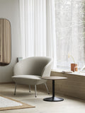 muuto oslo lounge chair with tube base in vidar 146 fabric and grey base lifestyle image