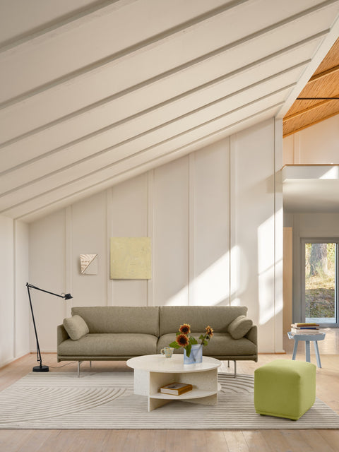 Muuto Halves Coffee Table in off white terrazzo in modern Scandinavian living room setting