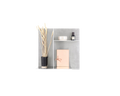 Frama Rivet Typecase in Aluminum, wall box styled with dried reeds, a dark bottle, a small carton and a pink card