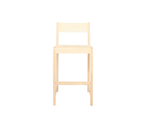 Frama Bar Chair 01 in Natural Birch, pale birch bar chair seen square from the front, back rail above the seat and footrest